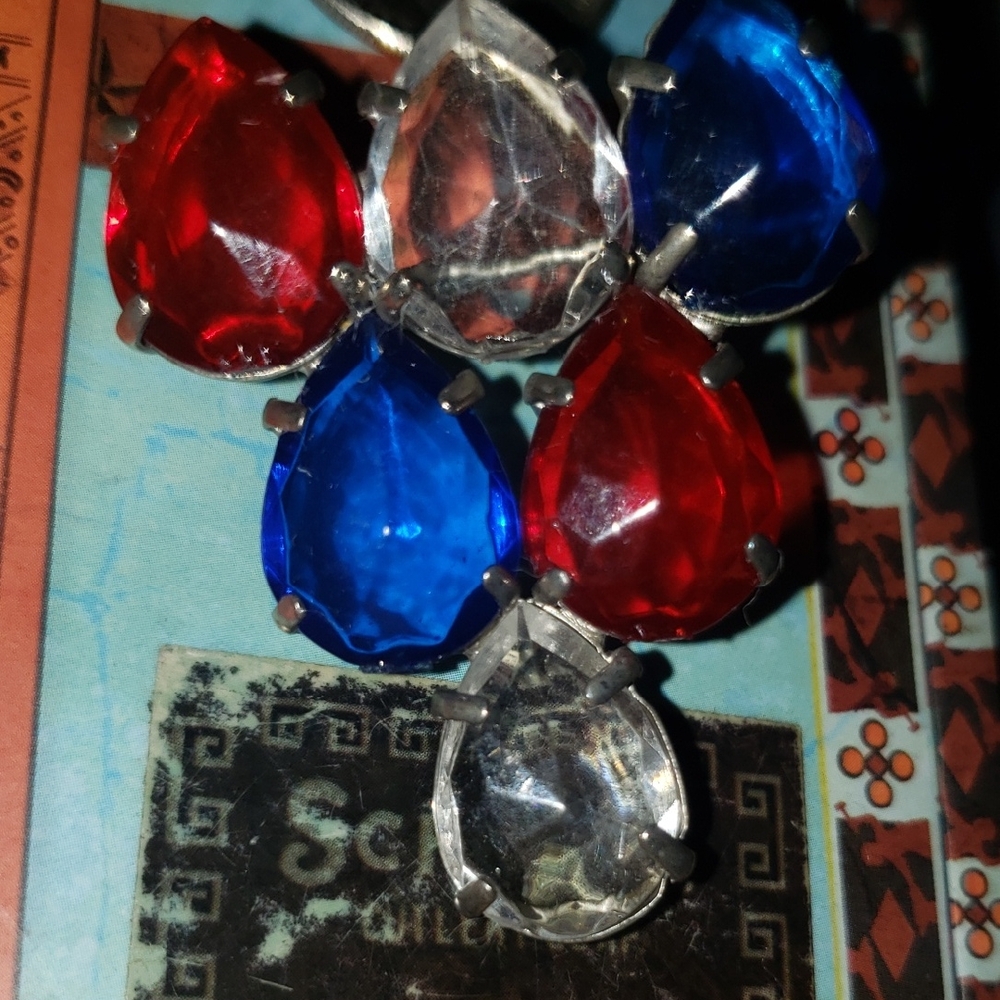 Vintage  Red, Blue, and Clear Teardrop Brooch